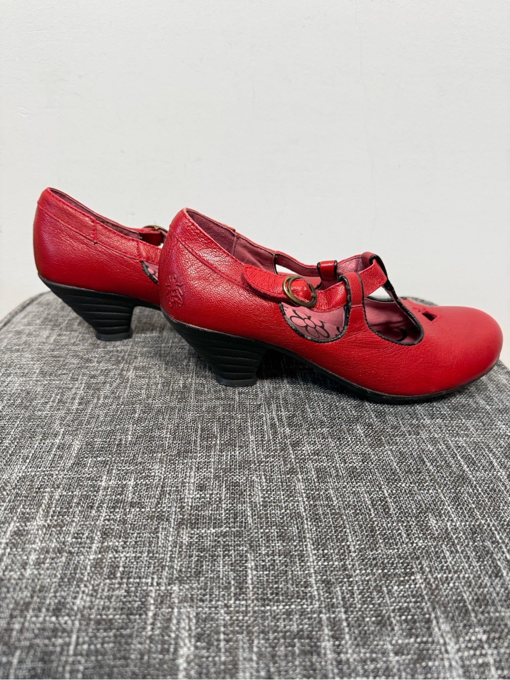 Fly London Red Leather Mary Jane Wedge Pumps Size 38 (7.5) Diamond Cutout Heel